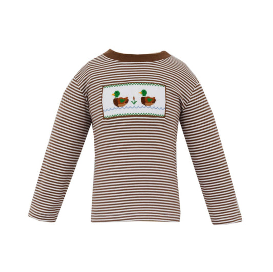 Anavini Boys Brown Striped Smocked Mallard Ducks Shirt by Anavini