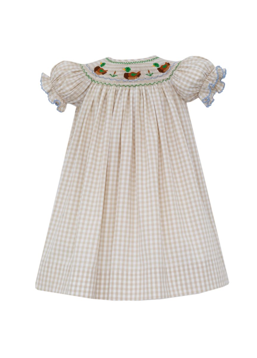 Anavini Girls Tan Khaki Gingham Bishop Dress - Smocked Mallard Ducks by Anavini