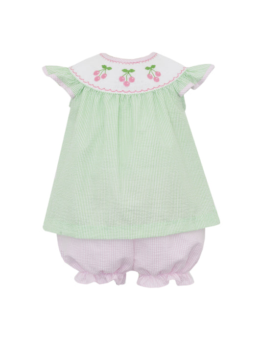 Anavini Girls Green & Pink Seersucker Stripe Smocked Cherries Bloomers Set