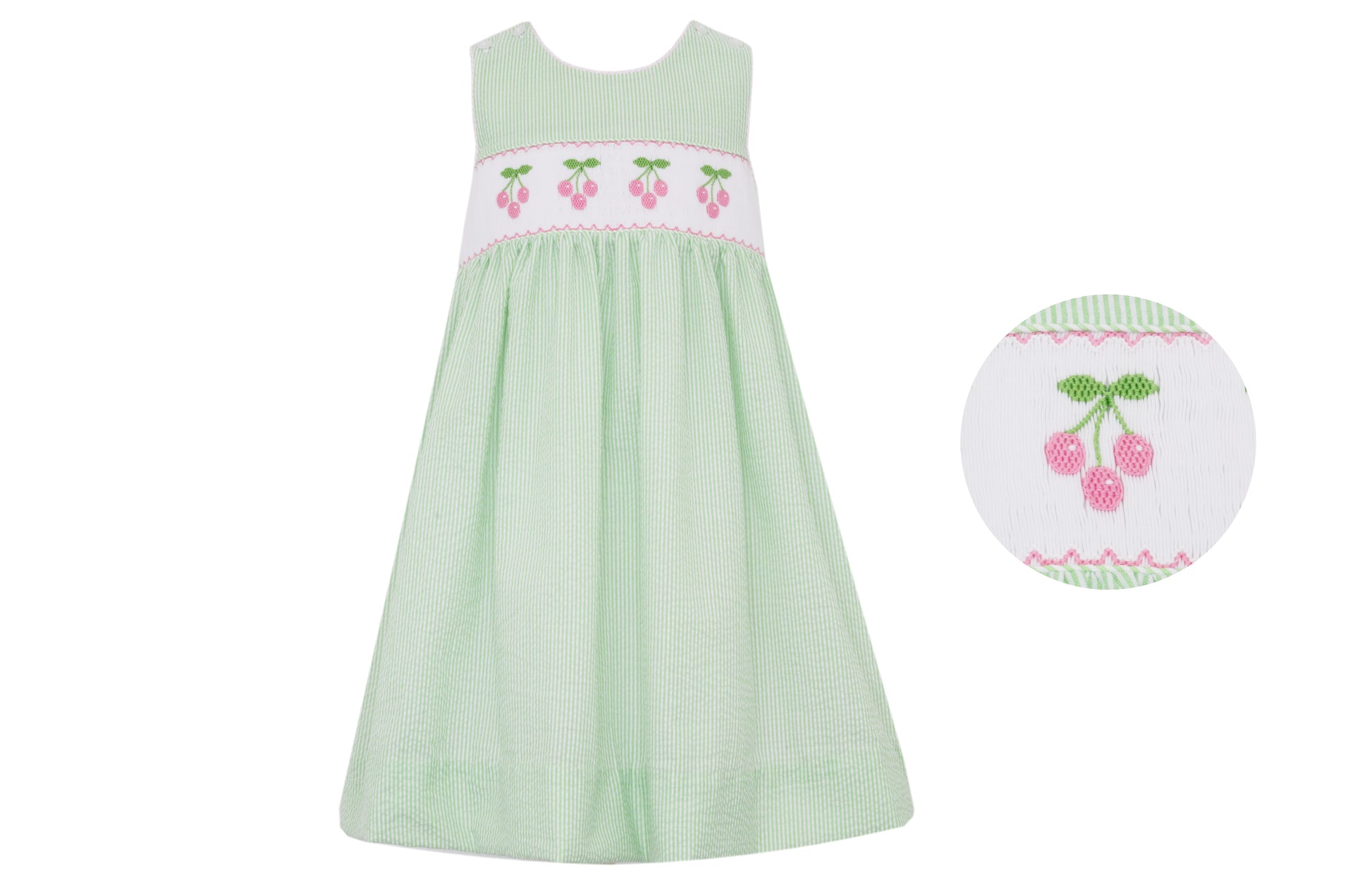 Anavini Girls Green & Pink Seersucker Stripe Smocked Cherries Sleeveless Dress 6 Anavini Girls Green & Pink Seersucker Stripe Smocked Cherries Sleeveless Dress 6