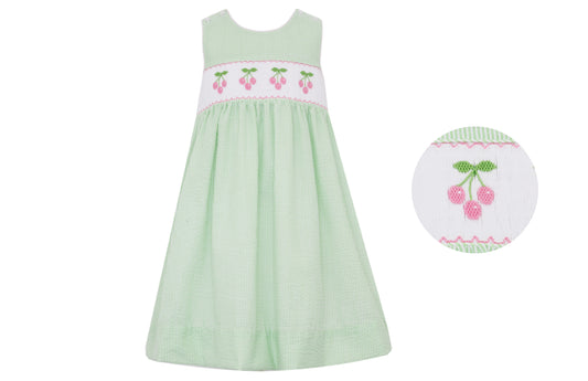 Anavini Girls Green & Pink Seersucker Stripe Smocked Cherries Sleeveless Dress
