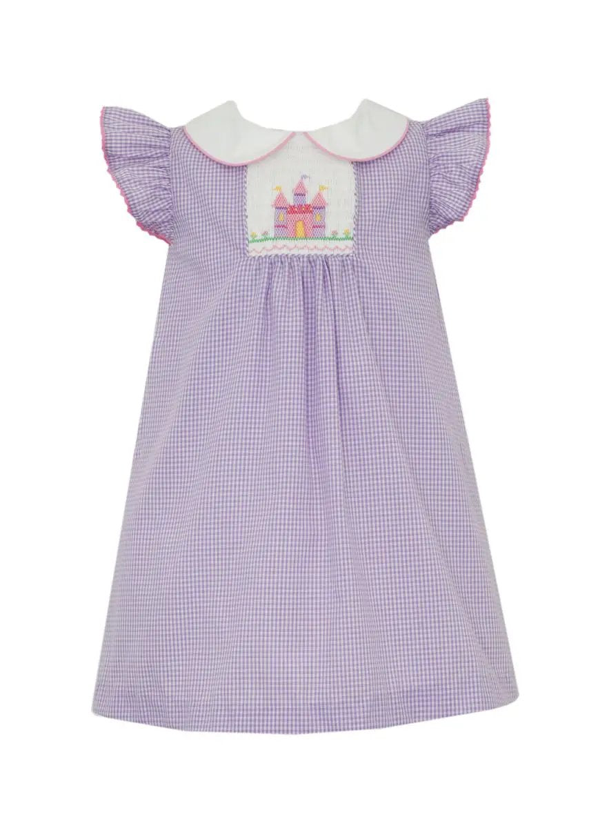 Anavini Girls Lavender Gingham Smocked Princess Castle Dress with Collar