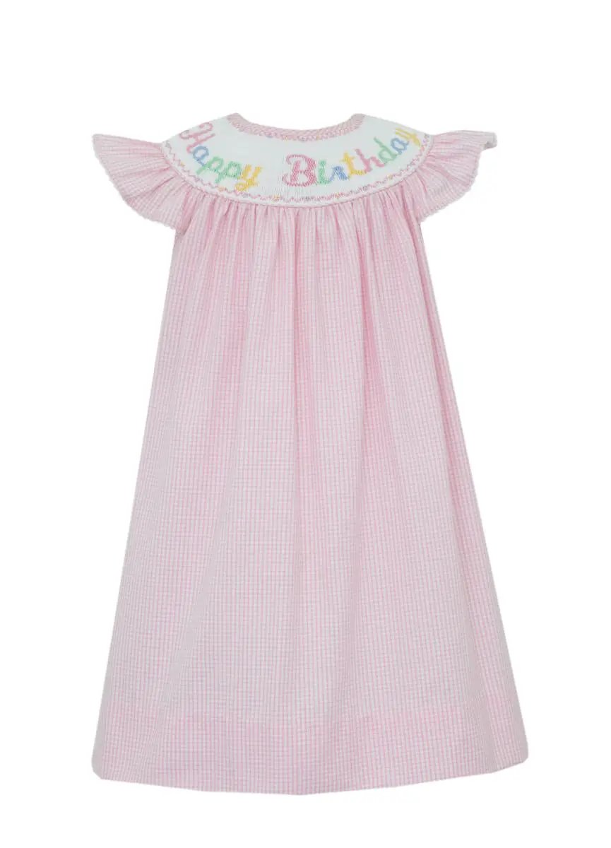 Anavini Baby Girls Pink Seersucker Smocked Happy Birthday Dress by Anavini