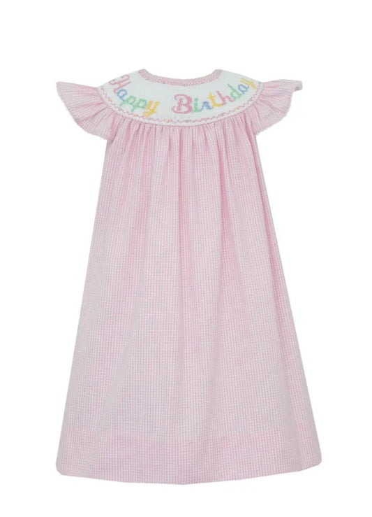 Anavini Baby Girls Pink Seersucker Smocked Happy Birthday Dress by Anavini