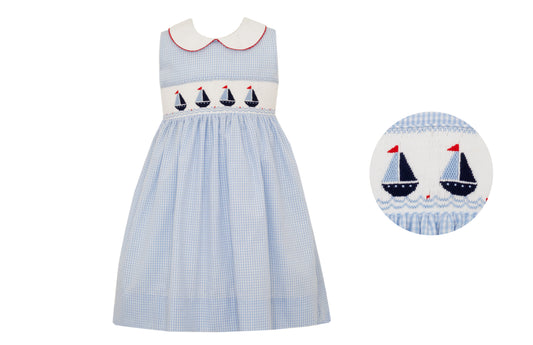 Anavini Girls Blue Gingham Sleeveless Dress with Collar - Smocked Sailboats