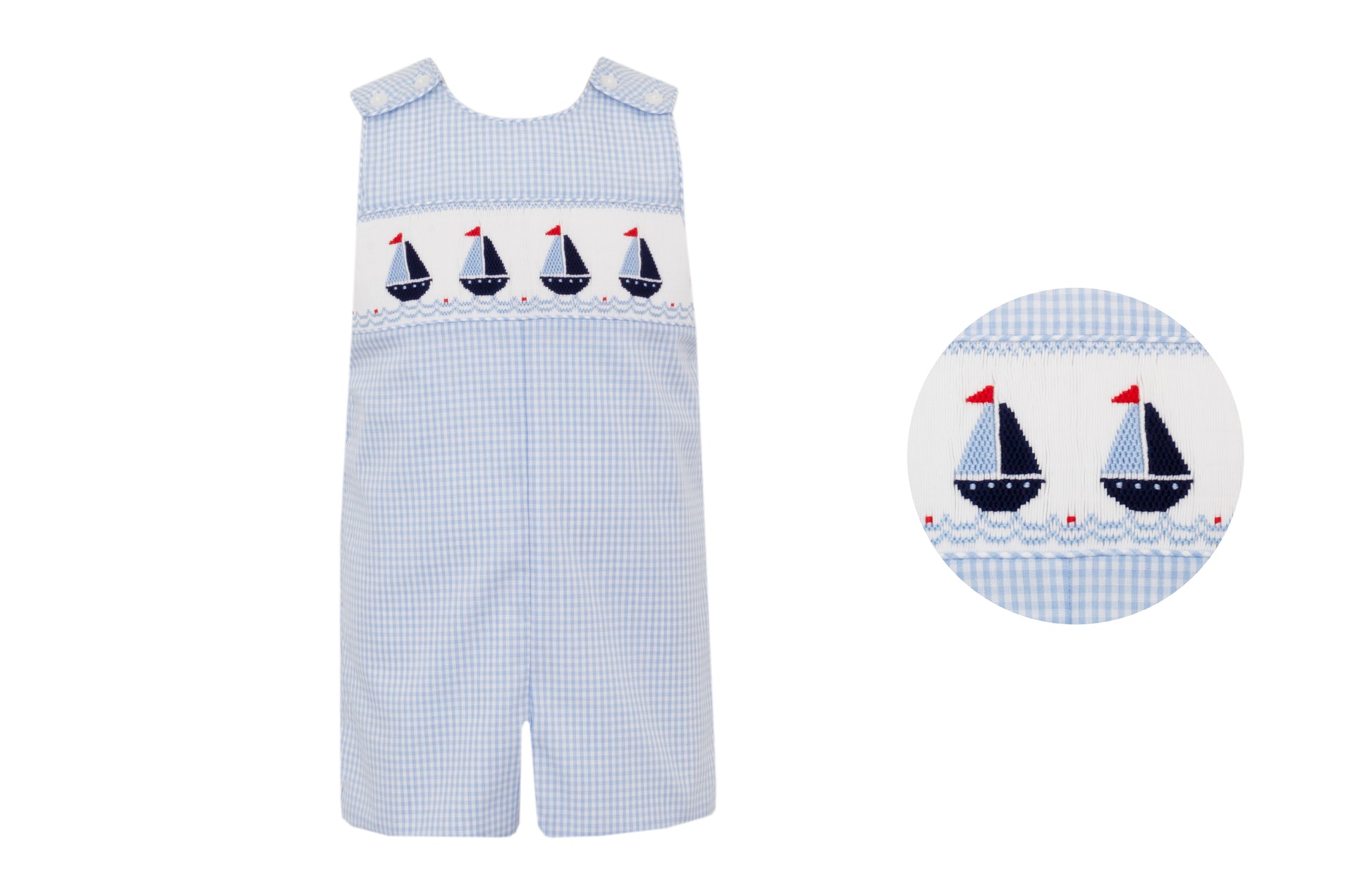 Anavini Toddler Boys Blue Gingham Smocked Sailboats Jon Jon