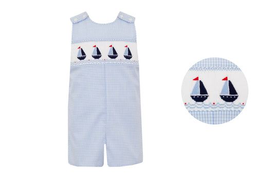 Anavini Toddler Boys Blue Gingham Smocked Sailboats Jon Jon