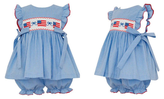 Anavini Girls Blue Gingham Smocked Patriotic Flags Bloomers Set by Anavini