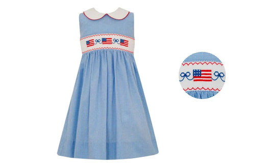 Anavini Girls Blue Gingham Sleeveless Dress with Collar - Smocked USA Flags by Anavini