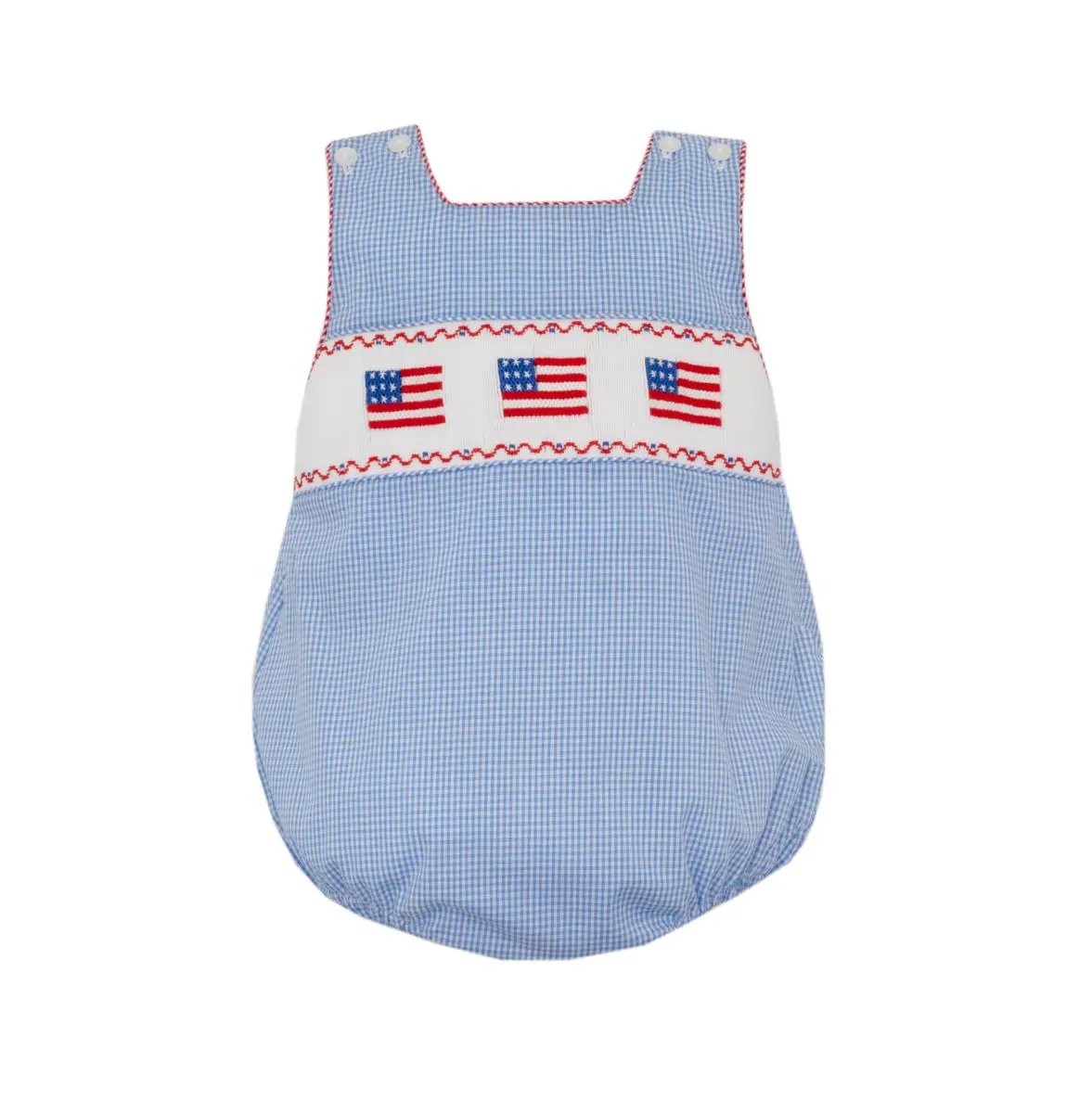 Anavini Baby Boys Blue Gingham Smocked USA Flags Bubble by Anavini