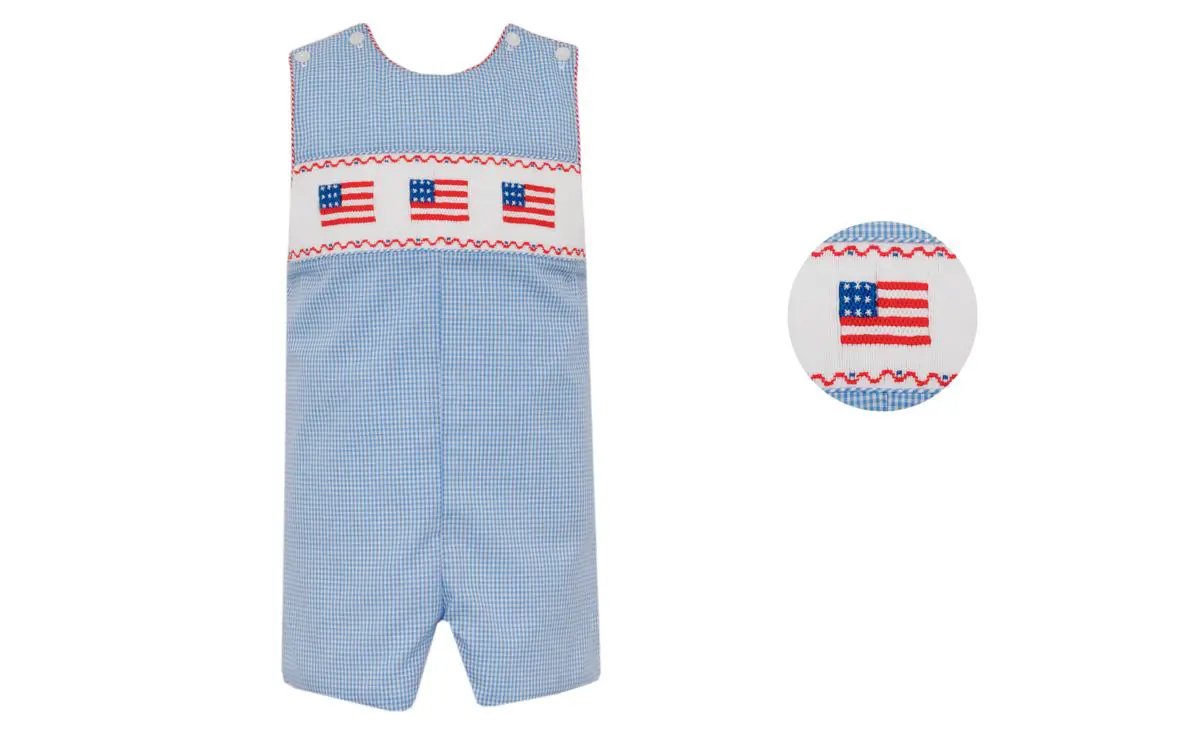 Anavini Boys Blue Gingham Smocked USA Flags Jon Jon by Anavini