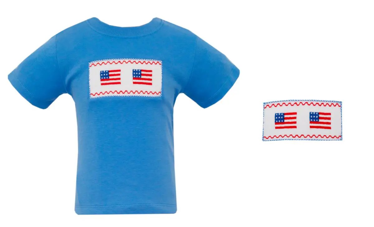 Anavini Boys Periwinkle Blue Shirt - Smocked Patriotic Flags