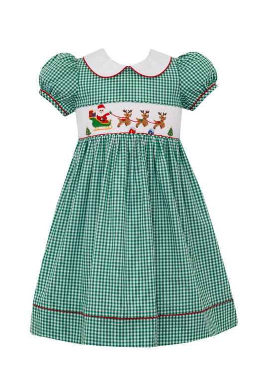 Anavini Girls Green Gingham Smocked Santa Sleigh Dress by Anavini