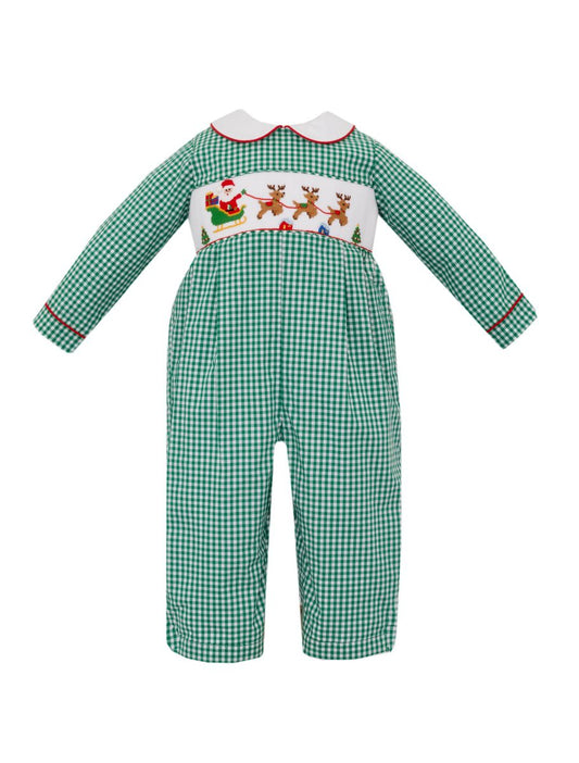 Anavini Boys Green Gingham Santa Sleigh Long Romper by Anavini