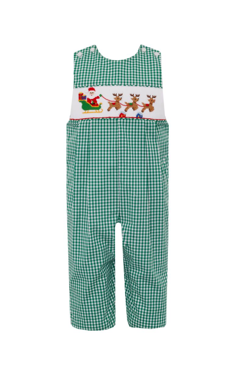 Anavini Boys Green Gingham Smocked Santa Sleigh Longall