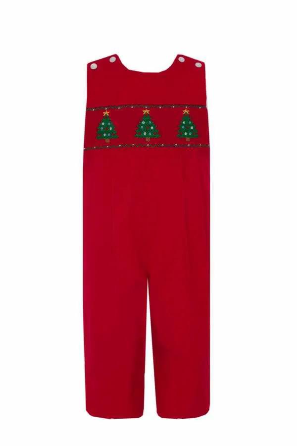 Anavini Boys Red Corduroy Smocked Christmas Trees Longall