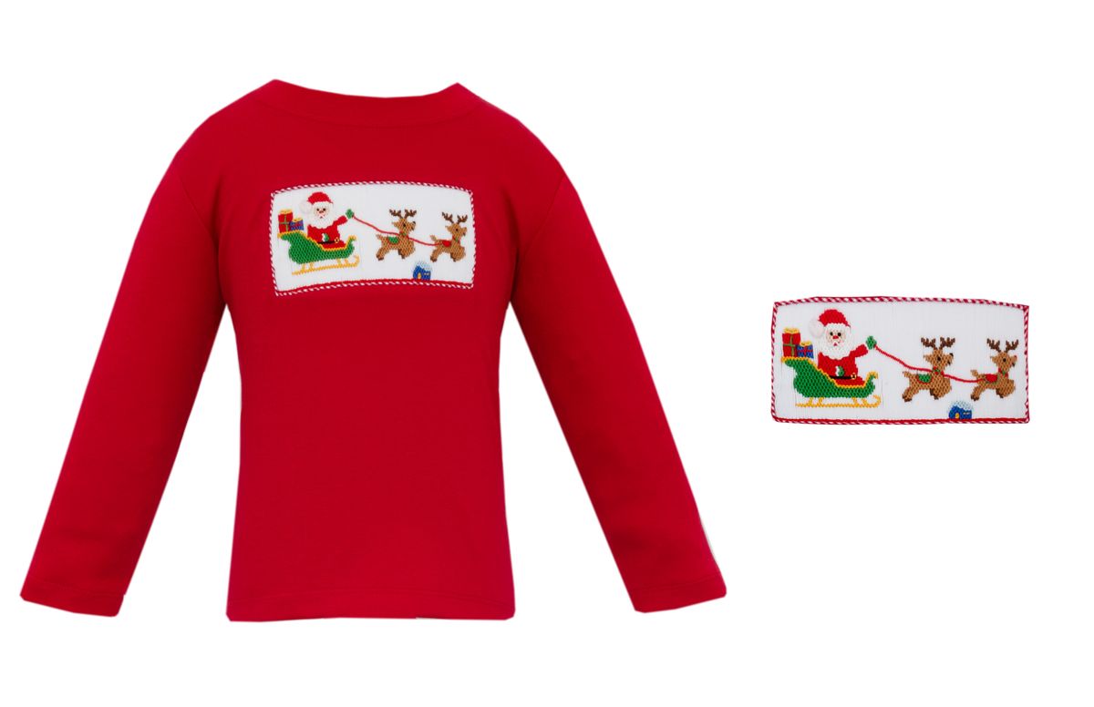 Anavini Boys Red Knit Shirt - Smocked Santa Sleigh
