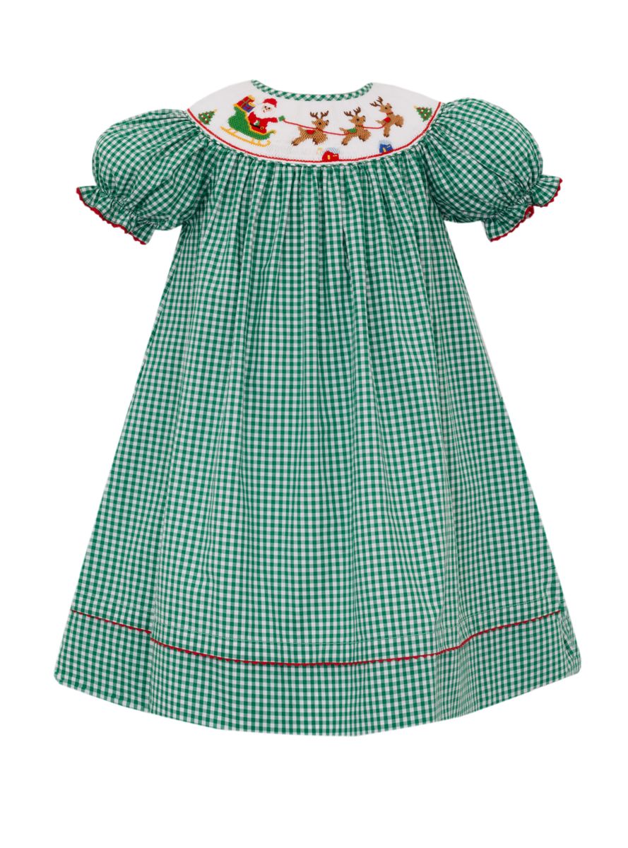 Anavini Girls Green Gingham Smocked Santa Sleigh Bishop Dress
