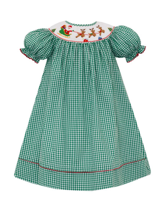 Anavini Girls Green Gingham Smocked Santa Sleigh Bishop Dress by Anavini