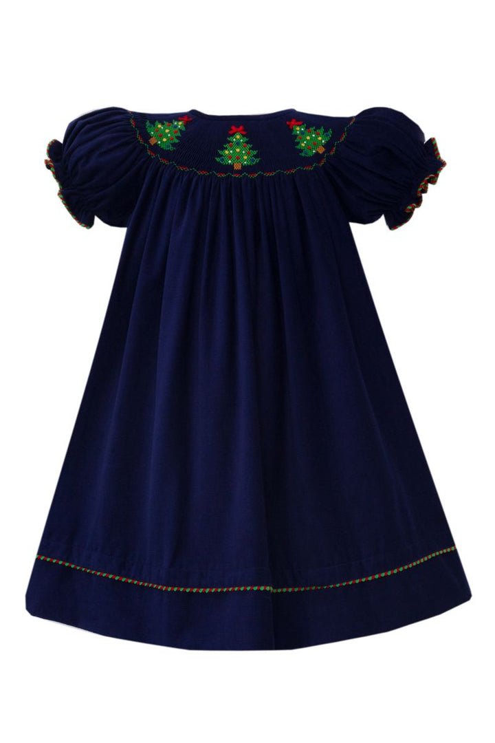 Anavini Girls Navy Blue Smocked Christmas Trees Corduroy Dress – Best