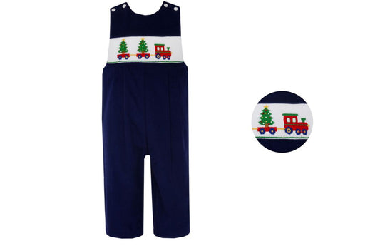 Anavini Boys Navy Blue Corduroy Smocked Christmas Tree Train Longall by ANAVINI