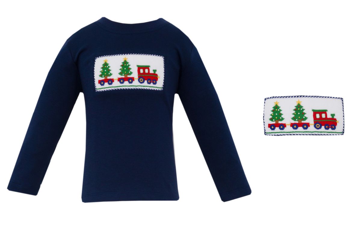 Anavini Boys Blue Christmas Tree Train Knit Shirt