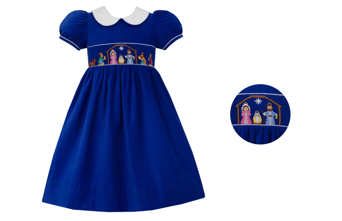 Anavini Girls Royal Blue Corduroy Smocked Nativity Manger Scene Dress