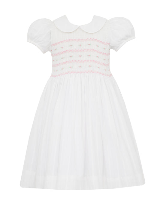 Anavini Couture Girls White Italian Brocade Dress - Bodice Smocked in Pink