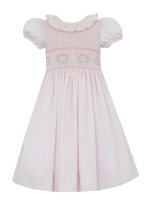Anavini Couture Girls Pink Swiss Batiste Dress - Ruffle Collar - Fully Smocked Bodice