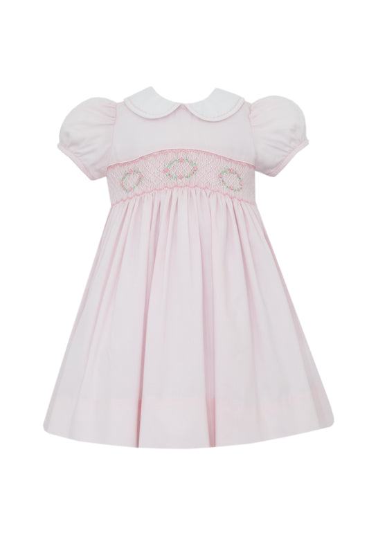 Anavini Couture Girls Pink Swiss Batiste Smocked Flowers Dress - White Collar