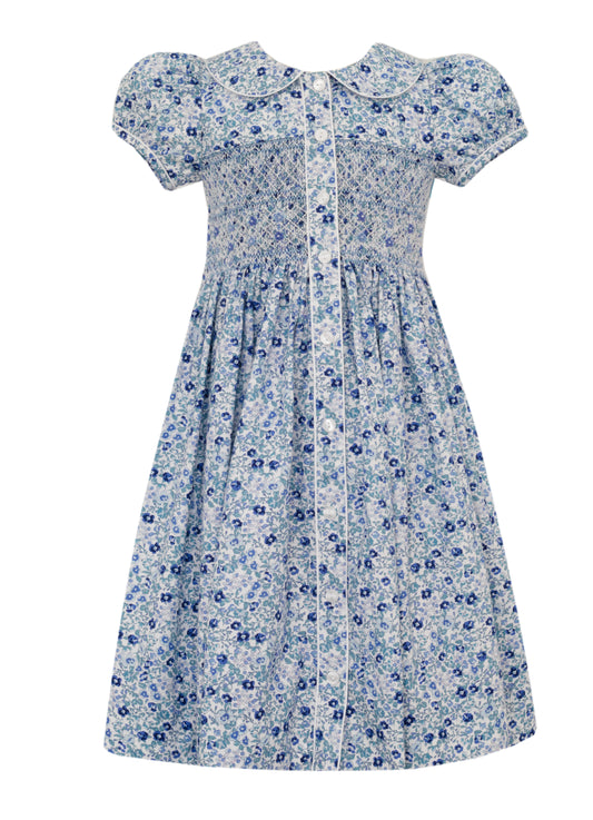 Anavini Couture Girls Blue Liberty Floral Smocked Button Front Dress