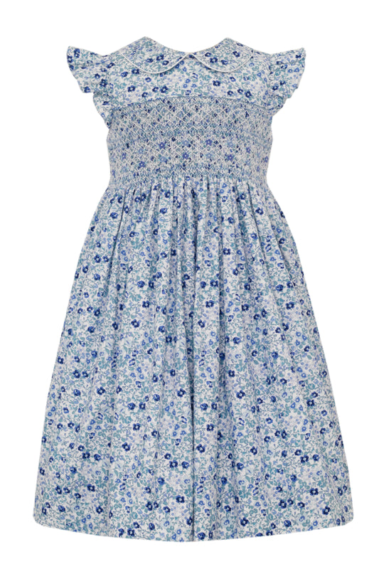 Anavini Couture Girls Blue Liberty Floral Flutter Sleeve Dress - Fully Smocked Bodice