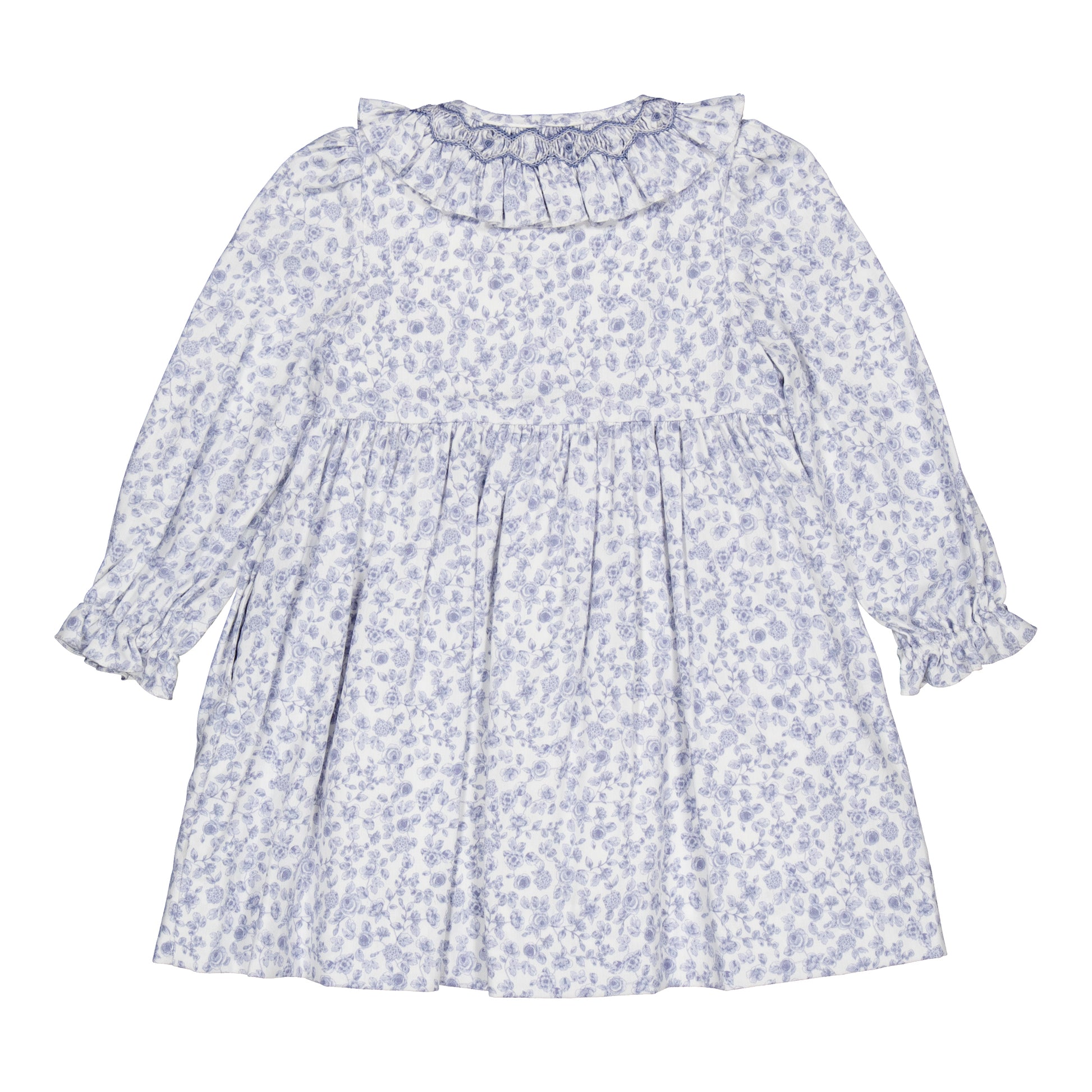 Kidiwi France Girls Adeline Smocked Dress - Ruffle Collar - Blue Garden Floral