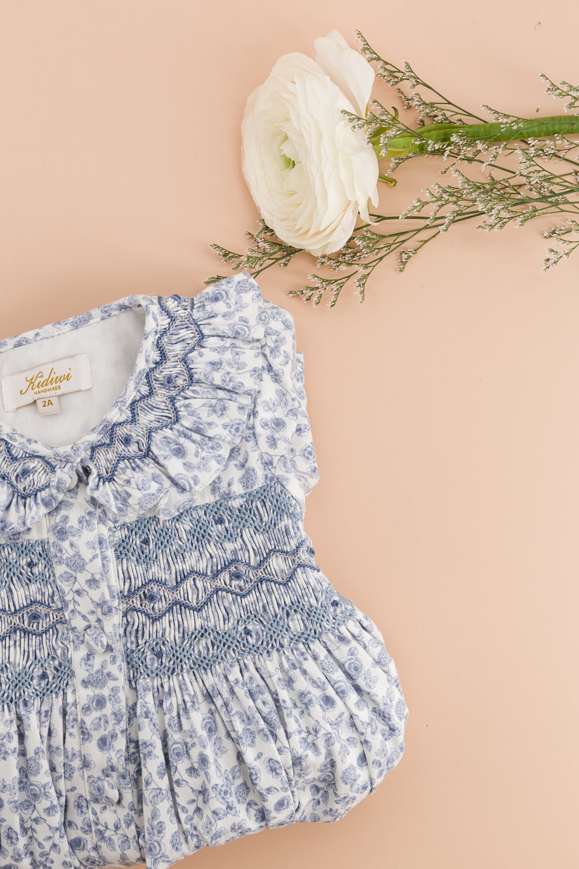 Kidiwi France Girls Adeline Smocked Dress - Ruffle Collar - Blue Garden Floral