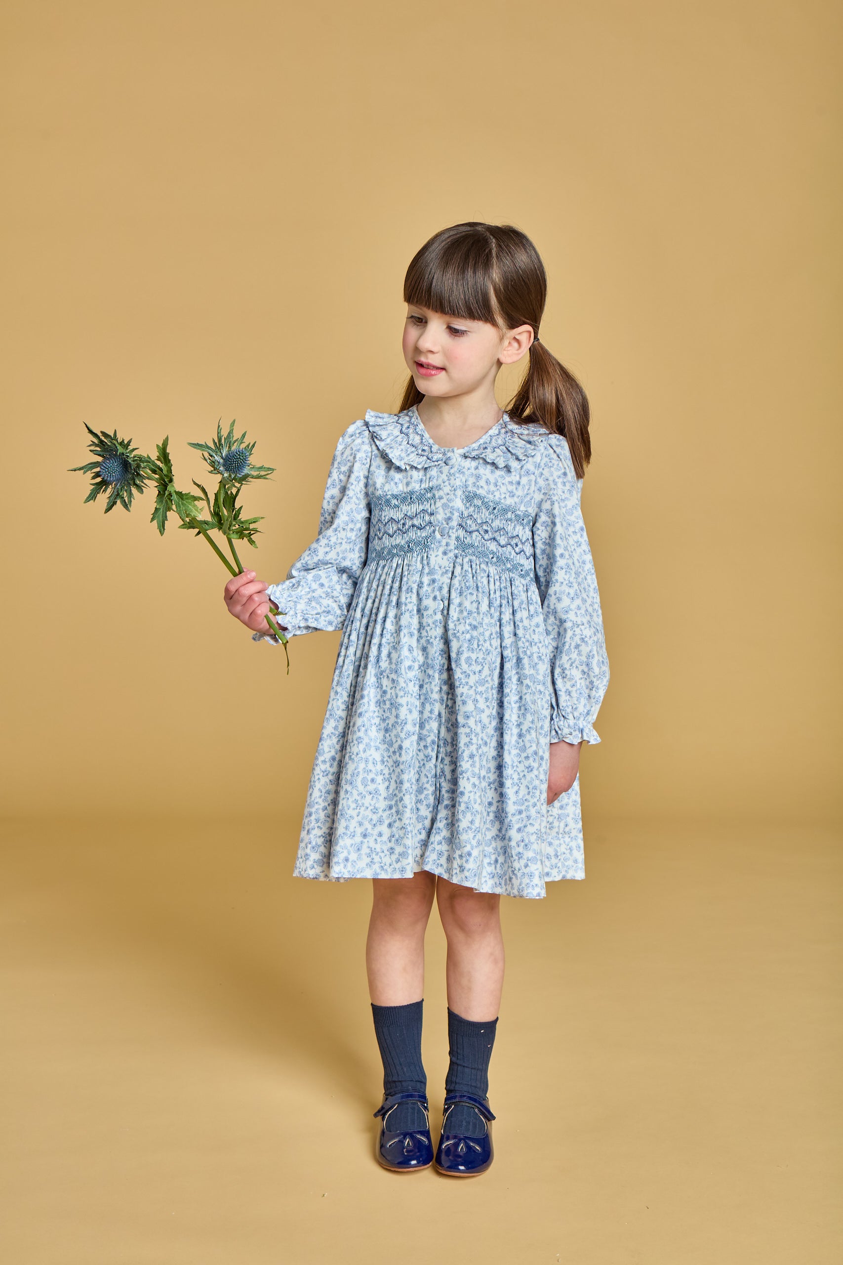 Kidiwi France Girls Adeline Smocked Dress - Ruffle Collar - Blue Garden Floral
