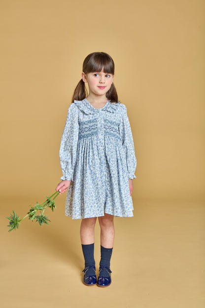 Kidiwi France Girls Adeline Smocked Dress - Ruffle Collar - Blue Garden Floral by Kidiwi
