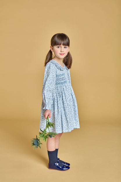 Kidiwi France Girls Adeline Smocked Dress - Ruffle Collar - Blue Garden Floral by Kidiwi