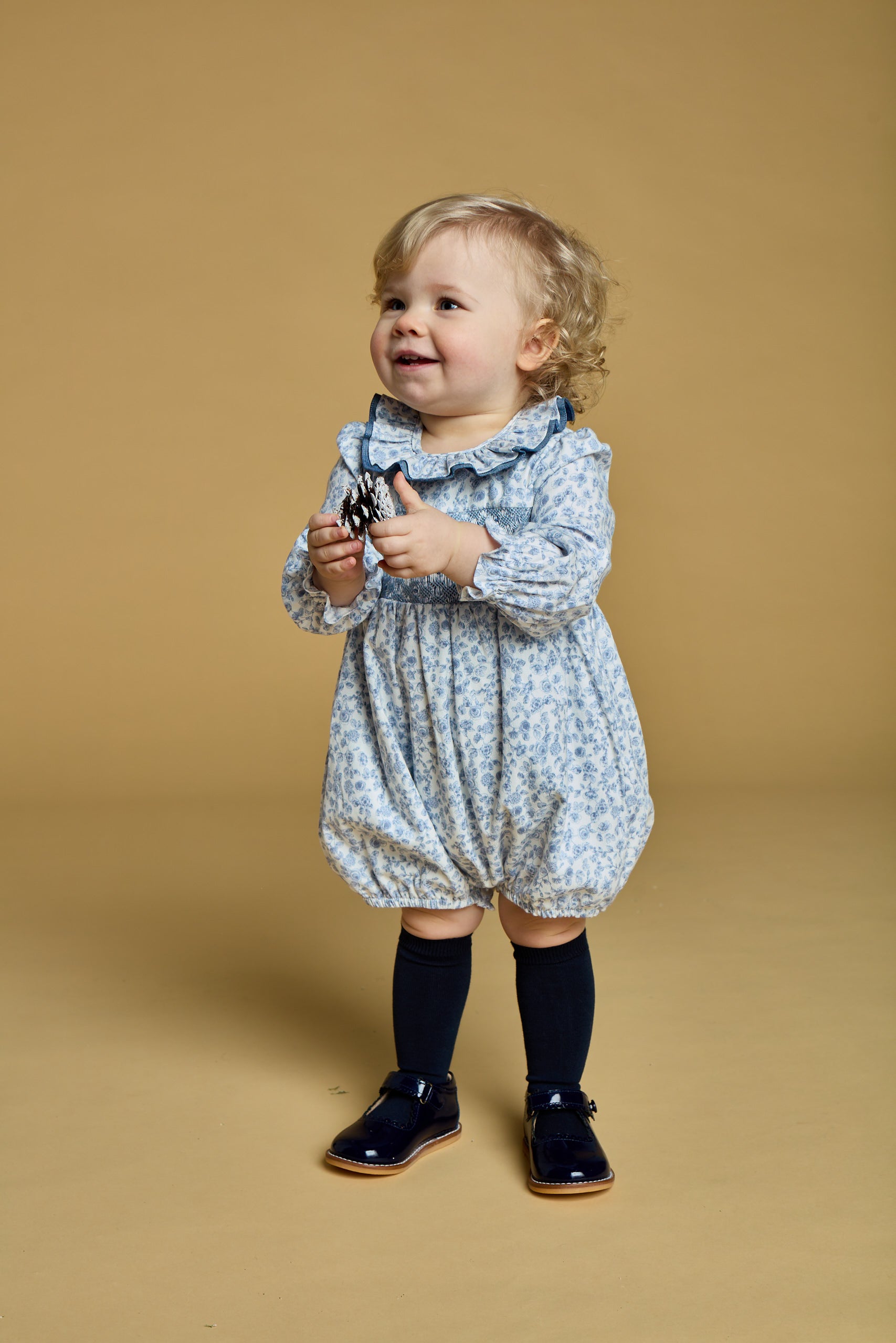 Kidiwi France Girls Anthea Smocked Bubble - Ruffle Neck - Blue Garden Floral