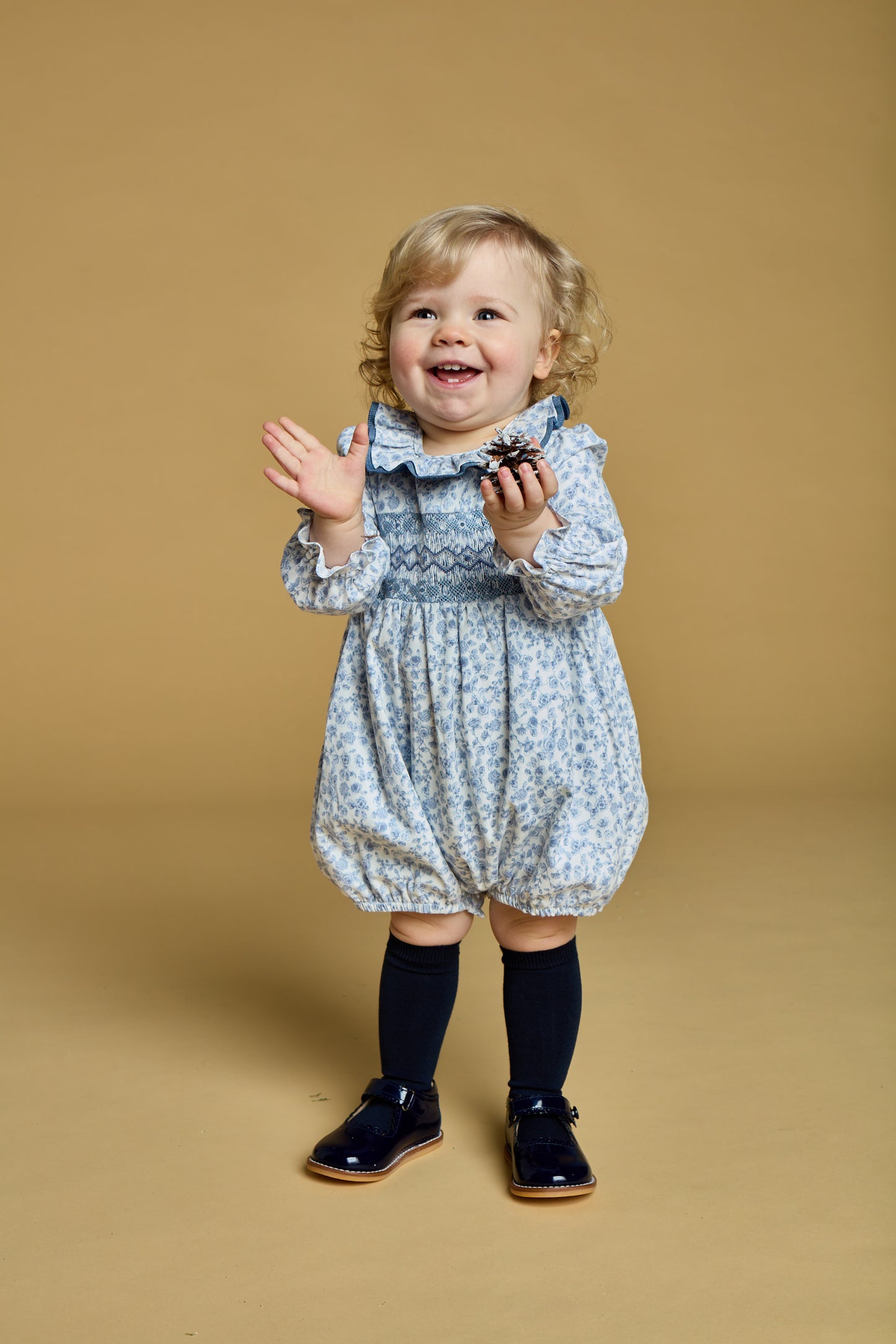 Kidiwi France Girls Anthea Smocked Bubble - Ruffle Neck - Blue Garden Floral by Kidiwi