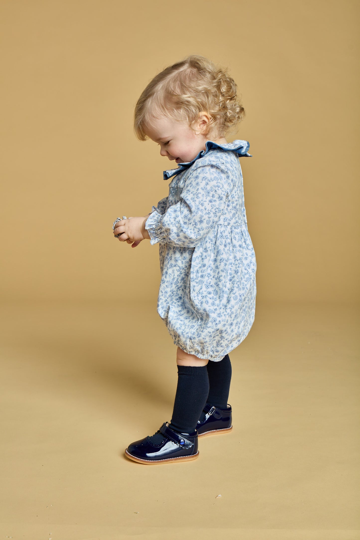 Kidiwi France Girls Anthea Smocked Bubble - Ruffle Neck - Blue Garden Floral by Kidiwi