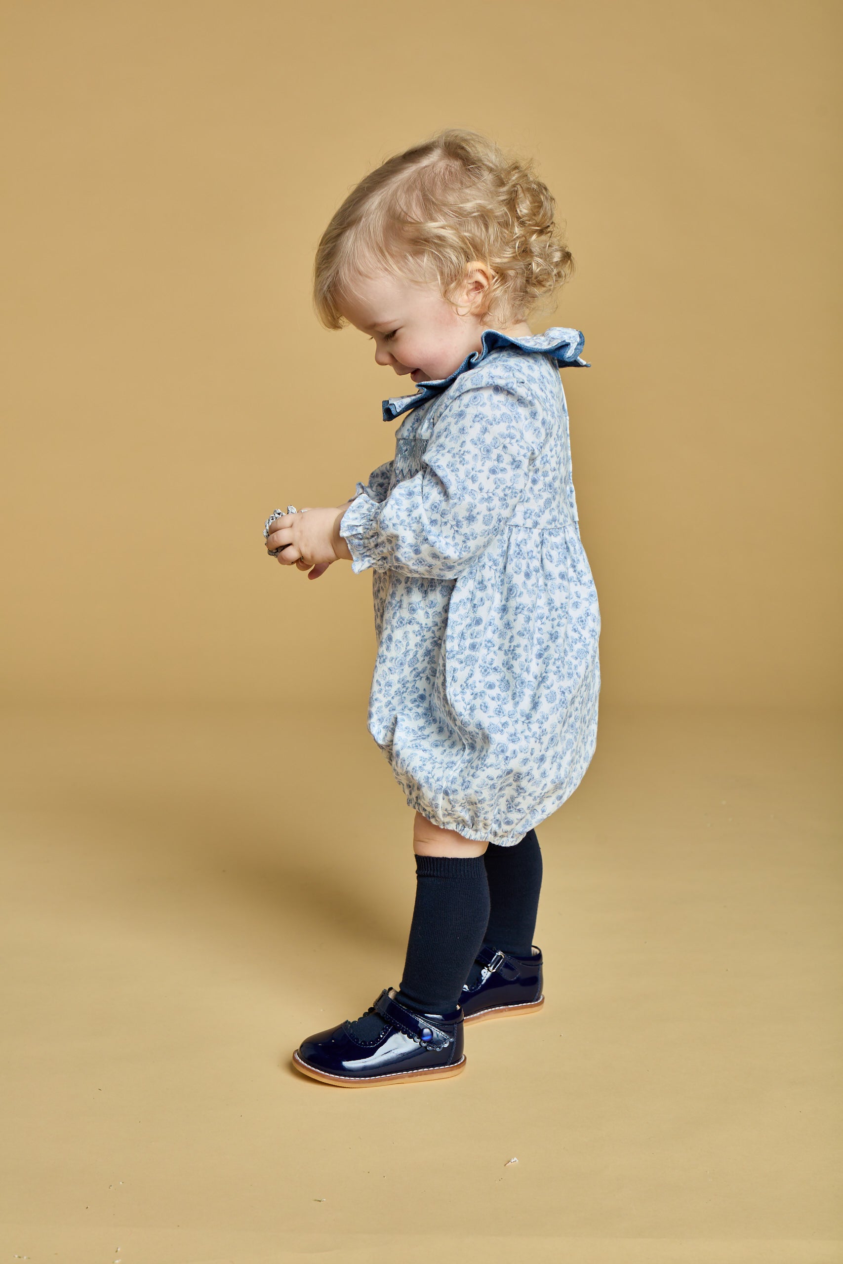 Kidiwi France Girls Anthea Smocked Bubble - Ruffle Neck - Blue Garden Floral