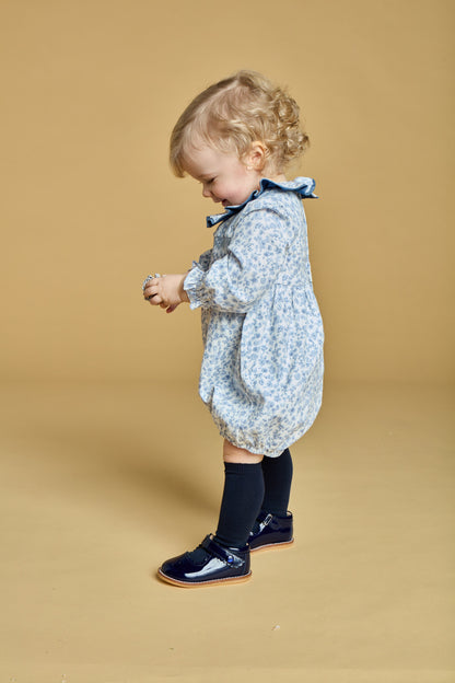 Kidiwi France Girls Anthea Smocked Bubble - Ruffle Neck - Blue Garden Floral by Kidiwi