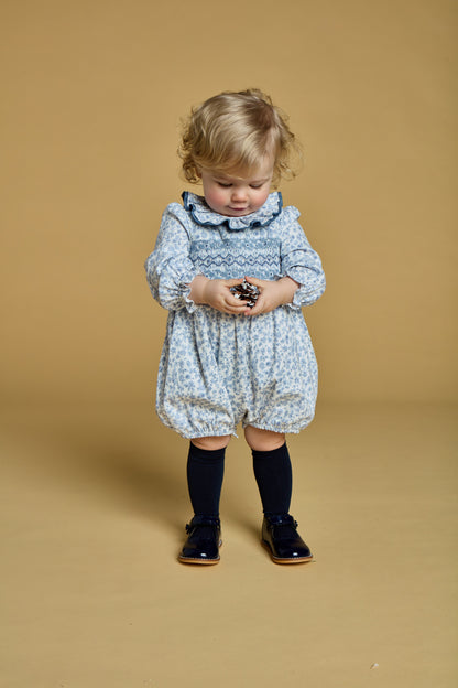 Kidiwi France Girls Anthea Smocked Bubble - Ruffle Neck - Blue Garden Floral by Kidiwi