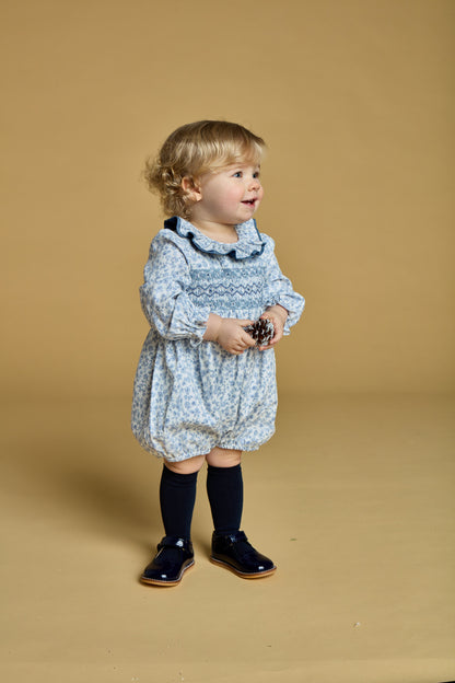 Kidiwi France Girls Anthea Smocked Bubble - Ruffle Neck - Blue Garden Floral by Kidiwi