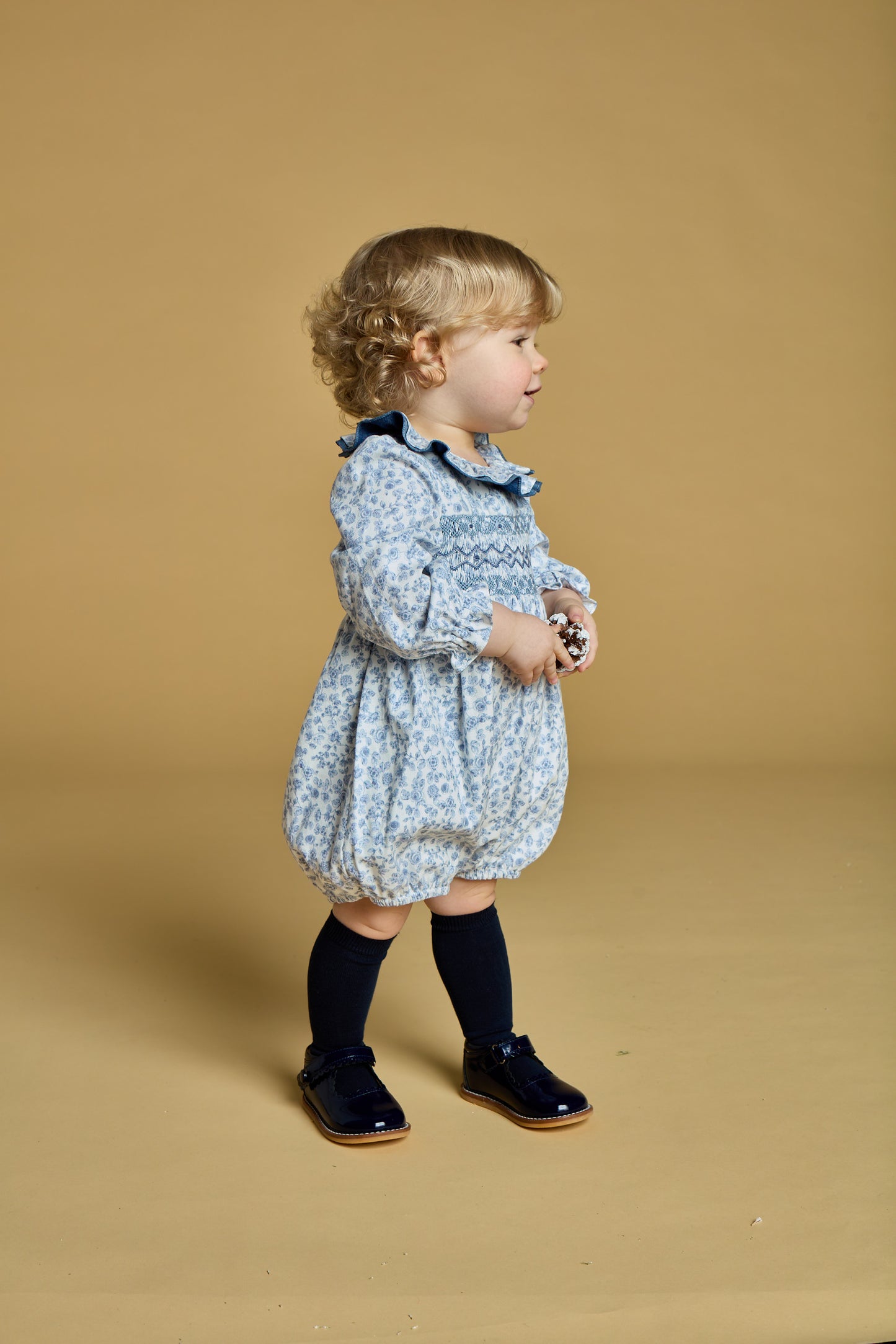 Kidiwi France Girls Anthea Smocked Bubble - Ruffle Neck - Blue Garden Floral by Kidiwi
