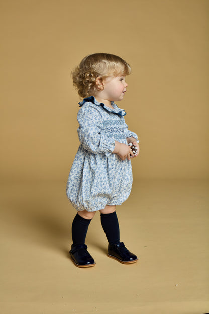 Kidiwi France Girls Anthea Smocked Bubble - Ruffle Neck - Blue Garden Floral by Kidiwi