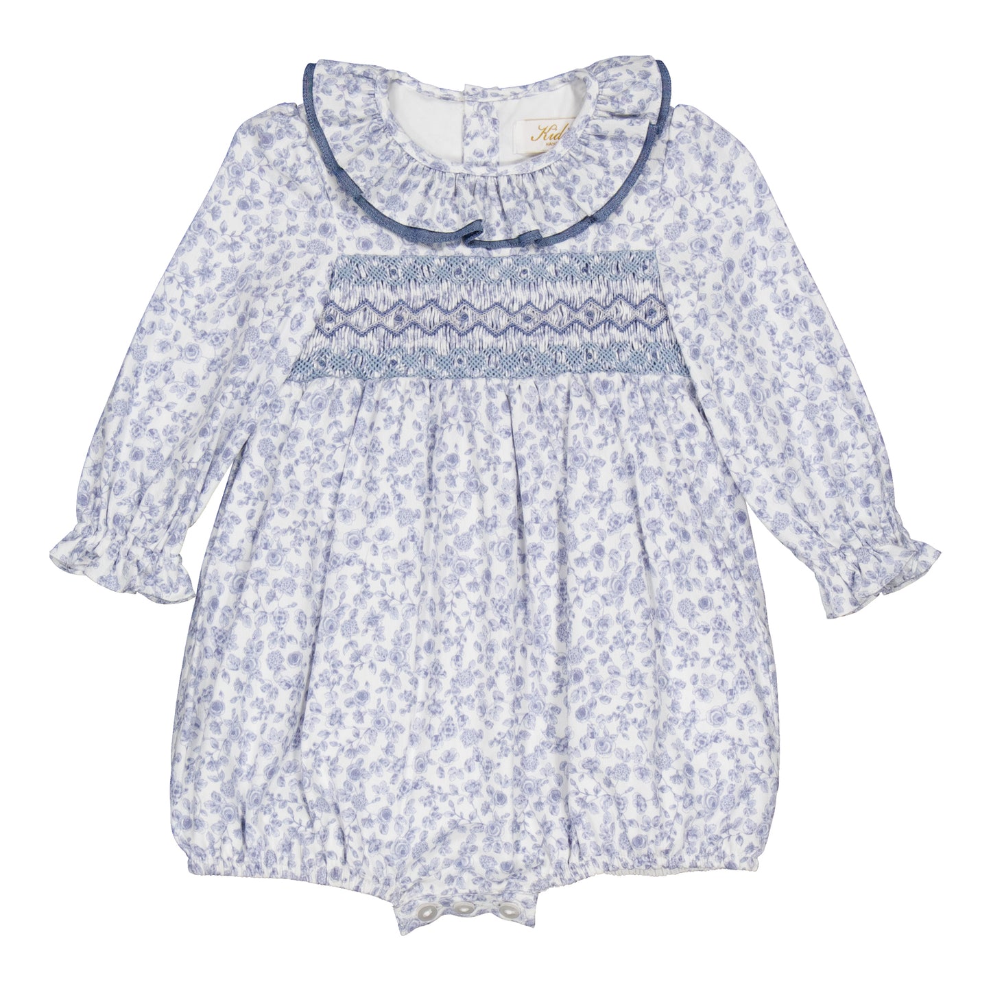 Kidiwi France Girls Anthea Smocked Bubble - Ruffle Neck - Blue Garden Floral by Kidiwi