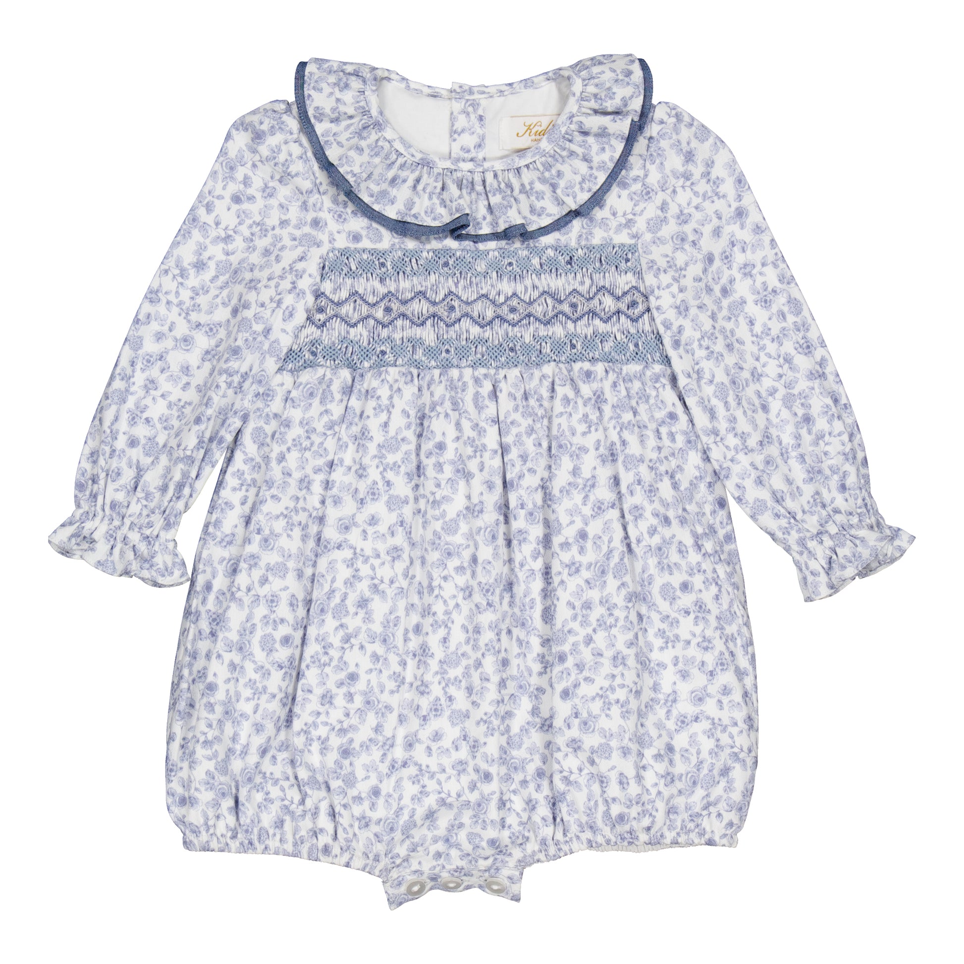 Kidiwi France Girls Anthea Smocked Bubble - Ruffle Neck - Blue Garden Floral