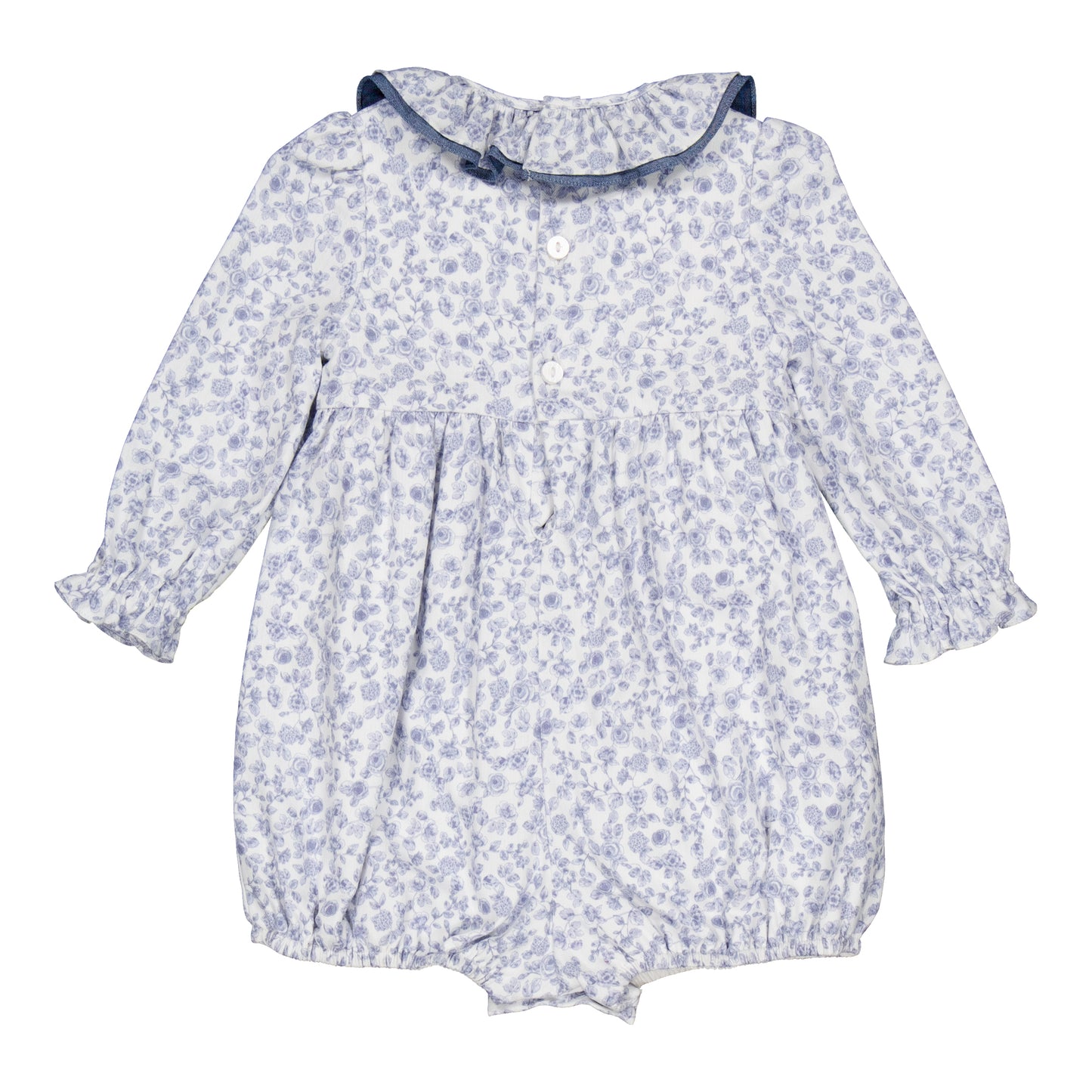 Kidiwi France Girls Anthea Smocked Bubble - Ruffle Neck - Blue Garden Floral by Kidiwi