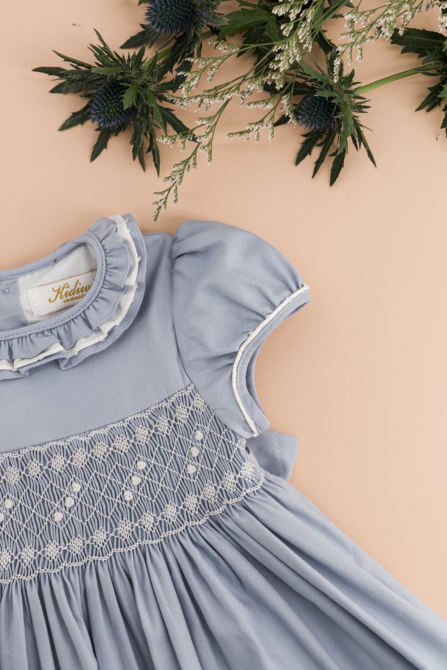 Kidiwi France Girls Arctic Blue Smocked Hars Dress - Fancy Sash by Kidiwi